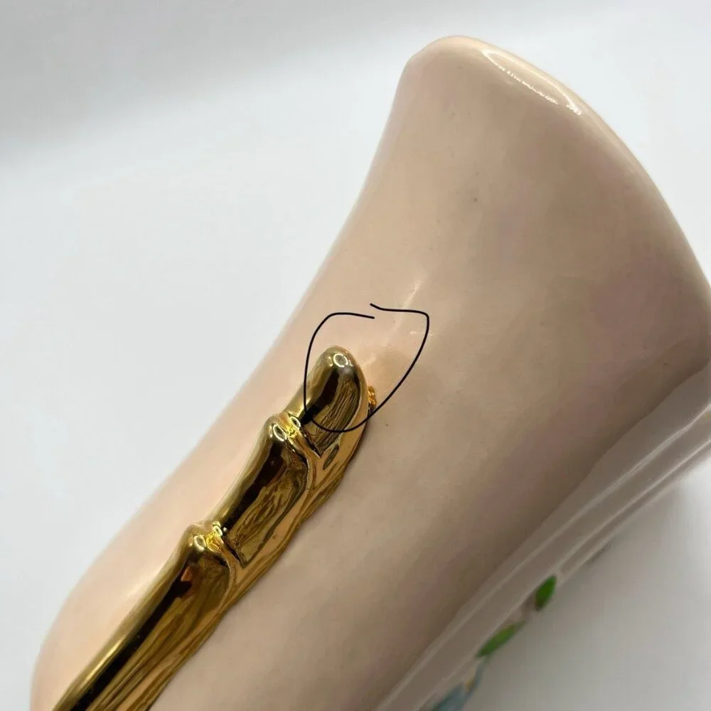 Vintage Hull Pottery Vase USA Art Baby Pink Gold Handles Blue Floral Mid Century